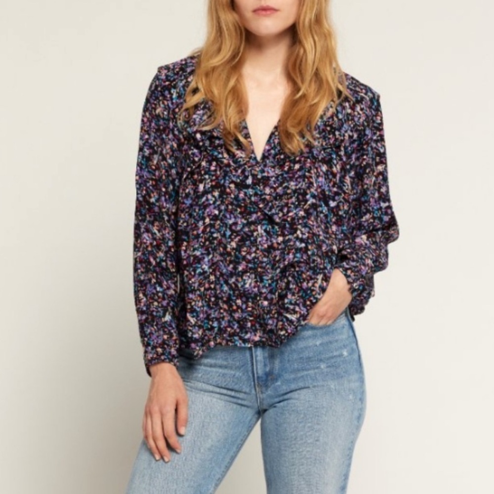 Joie Raquel B Long Sleeve Ruffle Top Black Blue Pink Floral Size 0X